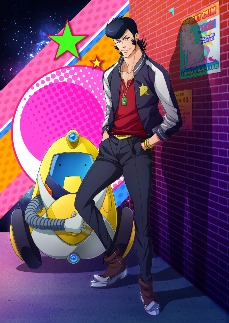 1boy 1girl black_hair blonde_hair boots breasts brick_wall dandy_(space_dandy) hands_in_pockets high_heels honey_(space_dandy) jacket large_breasts nipples nude pompadour poster_(object) qt_(space_dandy) robot shadow smile space space_dandy steel-toe_boots zero1