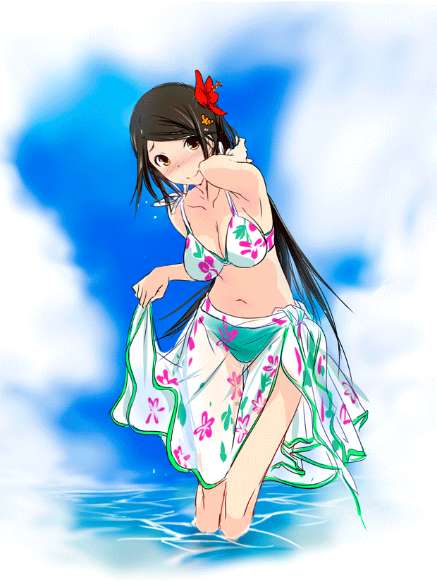 1girl bikini blush breasts brown_hair cleavage clouds flower hair_flower hair_ornament hazakura_seiso hibiscus kawagishi_keitarou large_breasts long_hair maji_de_watashi_ni_koi_shinasai! navel ocean sarong see-through skirt sky solo swimsuit thigh_gap very_long_hair wading water yellow_eyes