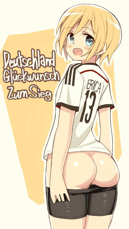 1girl 2014_fifa_world_cup ass blonde_hair blue_eyes erica_hartmann german germany glastonbury1966 looking_at_viewer open_mouth pulled_by_self ranguage short_hair shorts shorts_pull soccer soccer_uniform solo sportswear strike_witches text translated world_cup world_witches_series