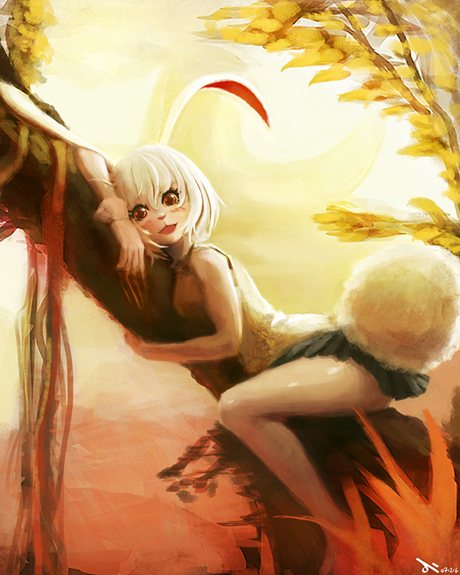 1girl animal_ears blush bunny_tail carrot_(one_piece) chestnut_mouth commentary_request ili104 in_tree looking_at_viewer one_piece rabbit_ears rabbit_girl red_eyes skirt sleeveless solo tail tree