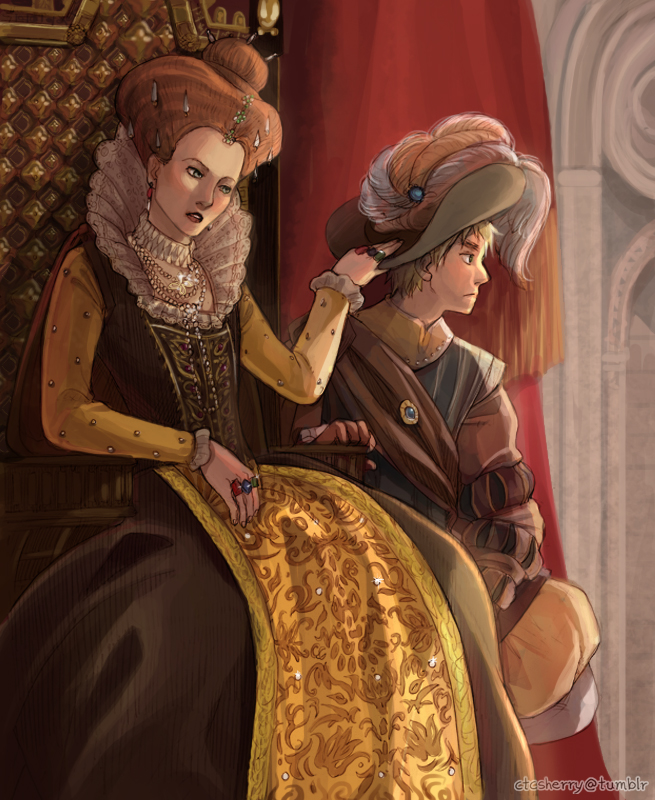 1boy 1girl axis_powers_hetalia beaded_dress blonde_hair blue_eyes civilization_(series) civilization_5 civilization_v crossover dress elizabeth_i european_clothes hat hat_feather jewelry long_sleeves neck_ruff paned_sleeves queen ring sherry_lai throne traditional_clothes united_kingdom_(hetalia) wig