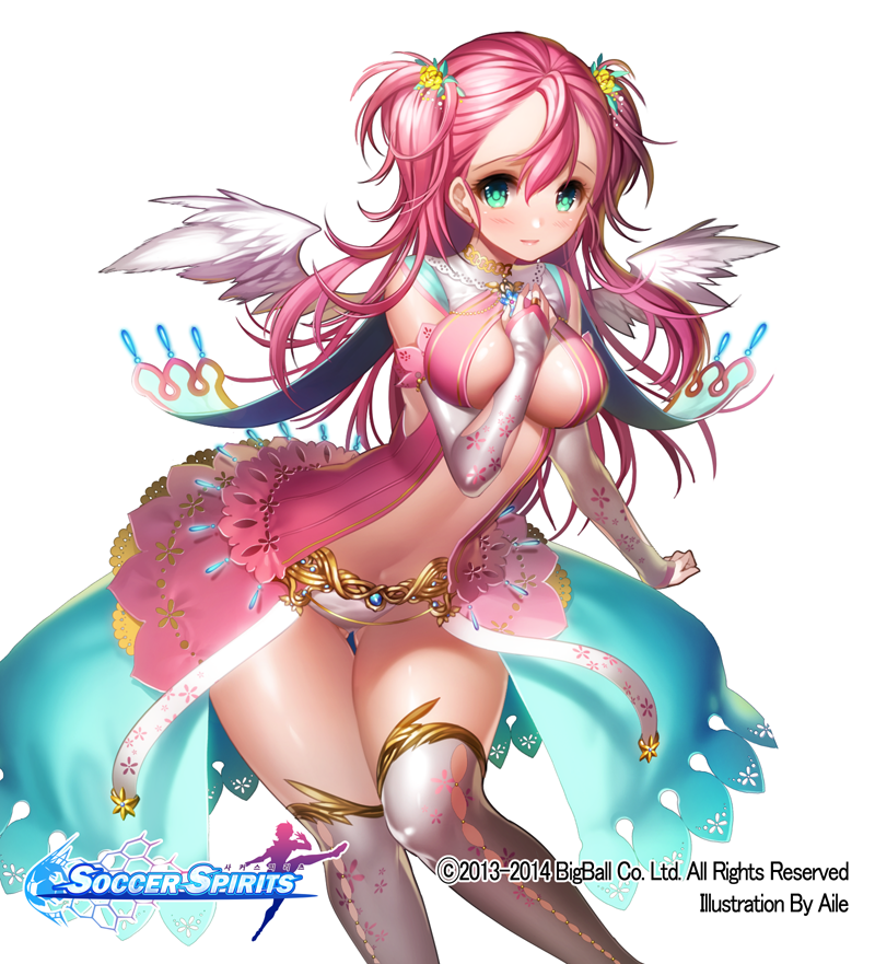 1girl aile_(crossroads) armati_(soccer_spirits) blue_eyes blush breasts elbow_gloves feathered_wings gloves navel official_art original pink_hair smile soccer_spirits solo thigh-highs twintails watermark wings