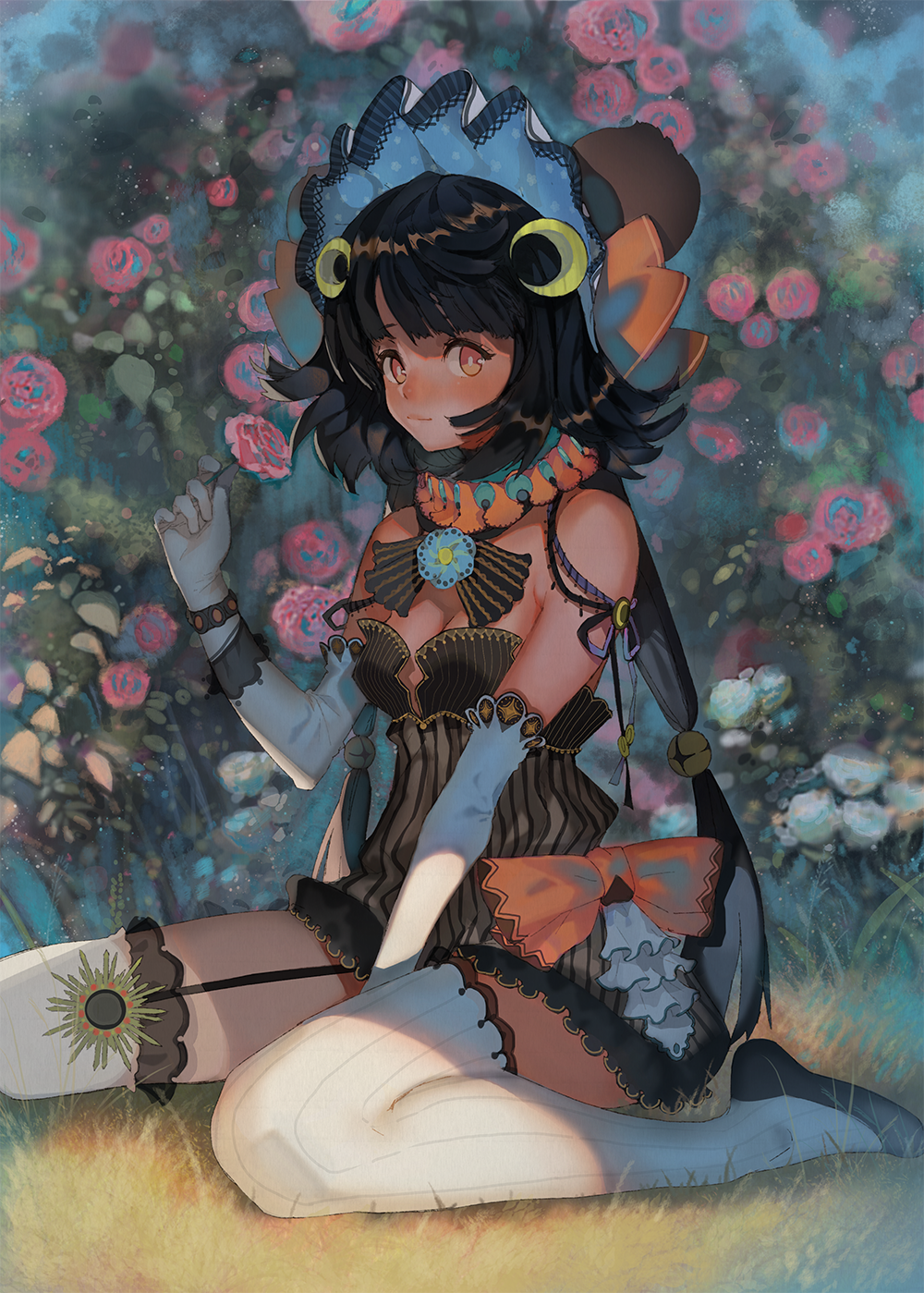 1girl aruterra bare_shoulders black_hair bonnet bow breasts cleavage crescent crescent_hair_ornament elbow_gloves flower garter_straps gloves hair_ornament highres long_hair looking_at_viewer low_twintails on_ground orange_eyes original pink_rose rose sitting solo thigh-highs twintails very_long_hair wariza