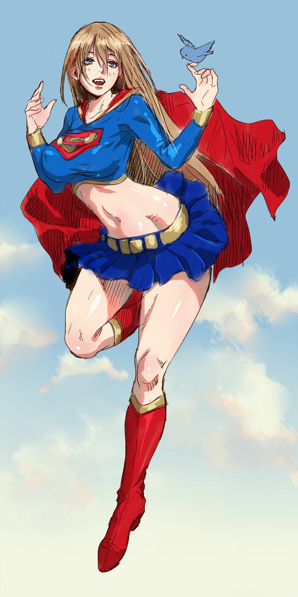 1girl bird blonde_hair blue_skirt boots breasts brown_hair cape dc_comics erect_nipples flying highres katou_teppei kryptonian large_breasts long_hair midriff miniskirt navel red_cape red_shoes shoes sketch skirt solo supergirl