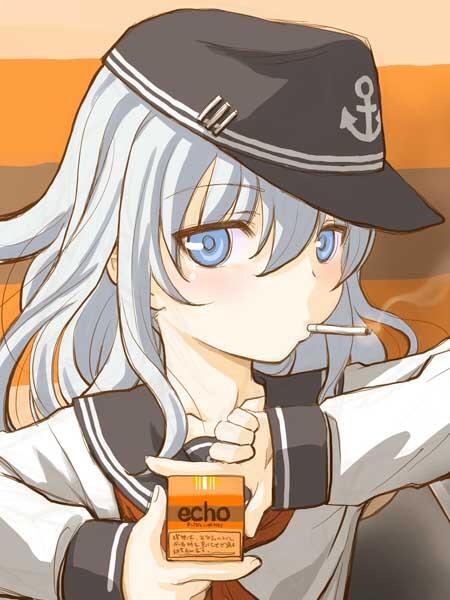 1girl blue_eyes cigarette cigarette_box hat hibiki_(kantai_collection) horizontal_stripes kantai_collection long_hair looking_at_viewer nagaoka_kenzou object_namesake pose school_uniform serafuku silver_hair smoke smoking solo striped striped_background