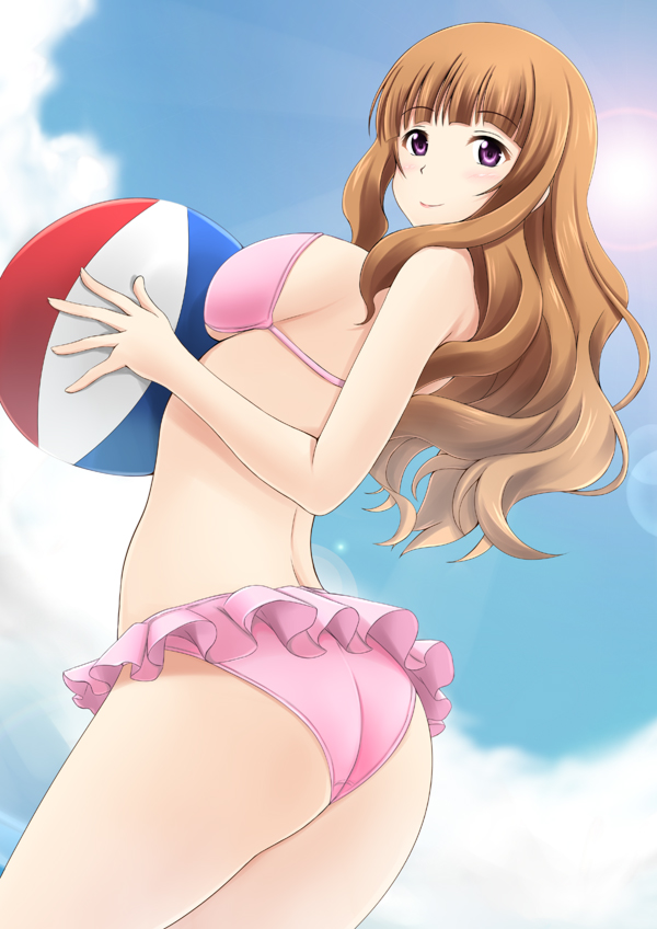 1girl ass ball beachball bikini brown_hair from_below fuuma_nagi lens_flare long_hair love_live!_school_idol_project solo swimsuit violet_eyes yuuki_anju