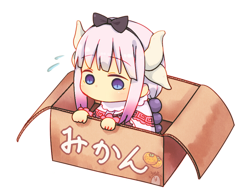 1girl bangs beads blue_eyes blunt_bangs box capelet commentary_request dragon_girl dragon_horns dress eyebrows_visible_through_hair flying_sweatdrops for_adoption hair_beads hair_ornament hairband hasheko horns in_box in_container kanna_kamui kobayashi-san_chi_no_maidragon lavender_hair long_hair on_box solo twintails