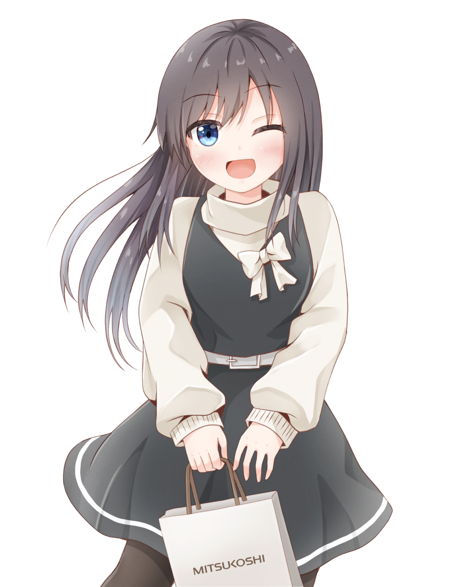 1girl ;d alternate_costume asashio_(kantai_collection) bag belt black_dress black_hair black_legwear blue_eyes comiching cosplay cowboy_shot dress eyebrows_visible_through_hair hair_between_eyes highres kantai_collection long_hair long_sleeves looking_at_viewer mitsukoshi_(department_store) one_eye_closed open_mouth oyashio_(kantai_collection) oyashio_(kantai_collection)_(cosplay) pantyhose ribbon shopping_bag simple_background sleeveless sleeveless_dress smile solo standing sweater turtleneck white_background white_ribbon white_sweater