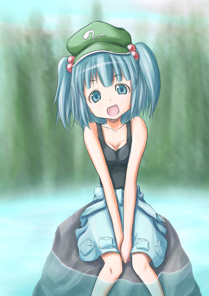 1girl alternate_costume bare_legs bare_shoulders blue_eyes blue_hair breasts cabbie_hat clothes_around_waist collarbone feet_in_water forest hair_bobbles hair_ornament hat jacket jacket_around_waist kawashiro_nitori kounotsuki_yuu lake looking_at_viewer nature open_mouth partially_submerged rock shirt shirt_around_waist short_hair short_twintails sitting sitting_on_rock skirt sleeveless small_breasts smile soaking_feet solo standing tank_top touhou tree twintails v_arms wading water
