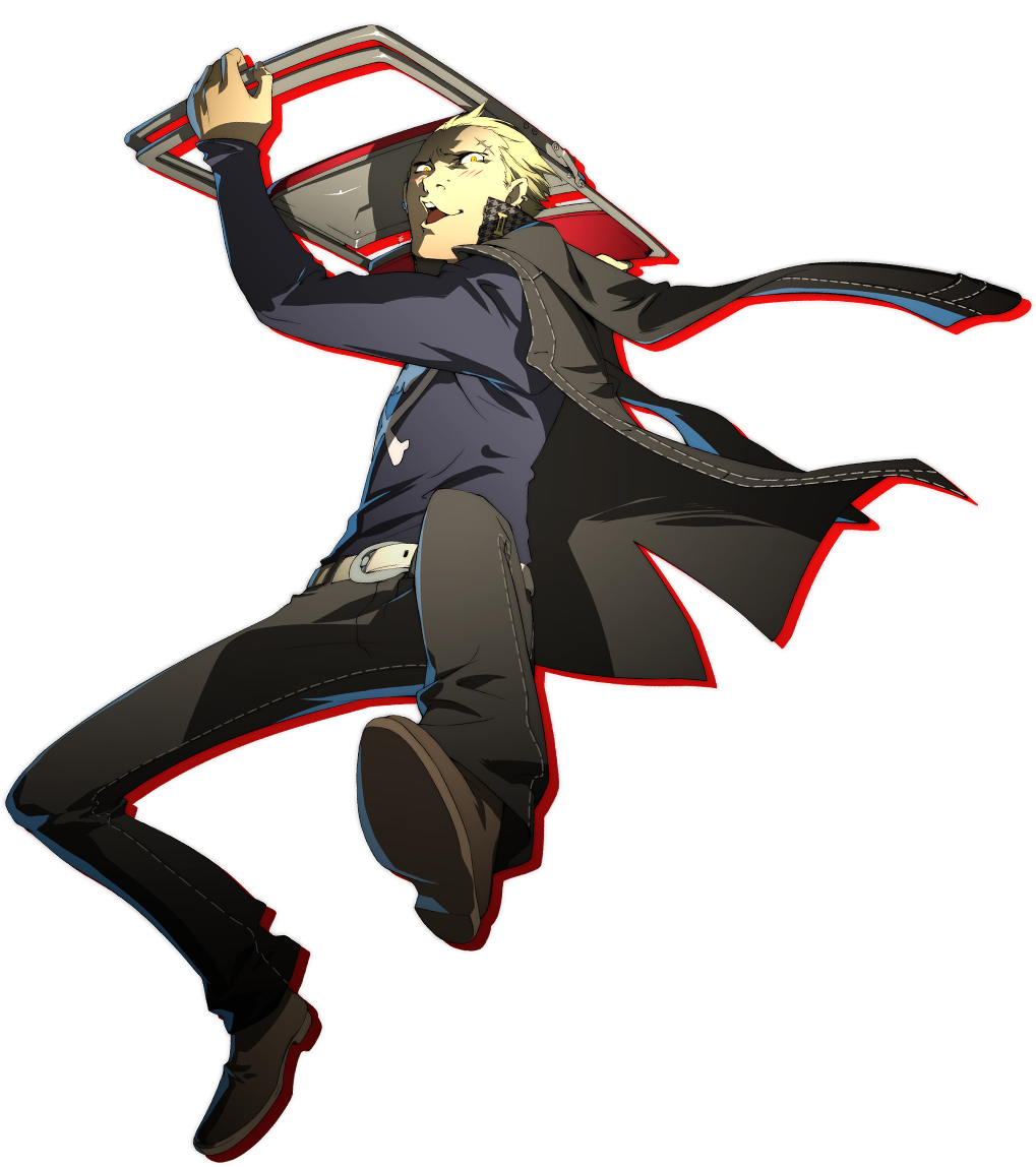 1boy angry belt black_eyes blonde_hair chair dark_persona delinquent fangs fighting_stance folding_chair jacket jacket_on_shoulders jolly_roger jumping long_sleeves looking_at_viewer male_focus megami_tensei official_art open_mouth pants persona persona_4 persona_4:_the_ultimate_in_mayonaka_arena piercing scar shadow_(persona) shin_megami_tensei shoes short_hair simple_background soejima_shigenori solo tatsumi_kanji transparent_background widow's_peak
