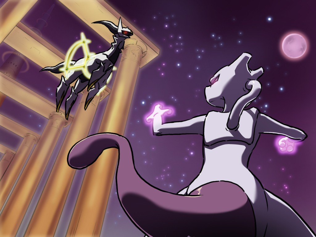 arceus commentary_request epic floating glowing glowing_eyes habatakuhituji mewtwo moon night night_sky no_humans pillar pokemon red_eyes showdown sky star_(sky) starry_sky tail tower violet_eyes