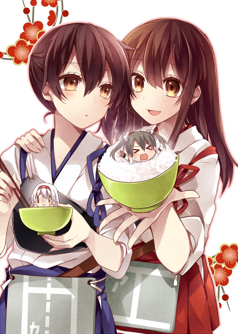 &gt;_&lt; 0_0 4girls :&gt; :3 :o akagi_(kantai_collection) bad_id blush brown_eyes brown_hair chibi chopsticks closed_eyes food food_on_face grey_hair hairband hakama_skirt hand_on_another's_shoulder ichinose_yukino in_food japanese_clothes kaga_(kantai_collection) kantai_collection long_hair minigirl multiple_girls muneate personification ribbon rice rice_bowl rice_on_face short_hair shoukaku_(kantai_collection) side_ponytail silver_hair skirt tasuki twintails zuikaku_(kantai_collection)