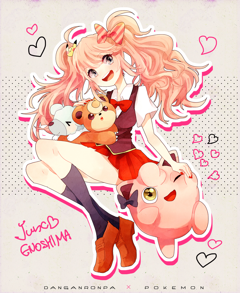 &gt;_&lt; 1girl :d black_eyes blonde_hair bow character_hair_ornament character_name closed_eyes conoha copyright_name cubchoo dangan_ronpa dangan_ronpa_1 enoshima_junko fingernails hair_bow hair_ornament heart jigglypuff long_hair one_eye_closed open_mouth outline pikachu pleated_skirt pokemon pokemon_(creature) skirt smile socks teddiursa twintails wink