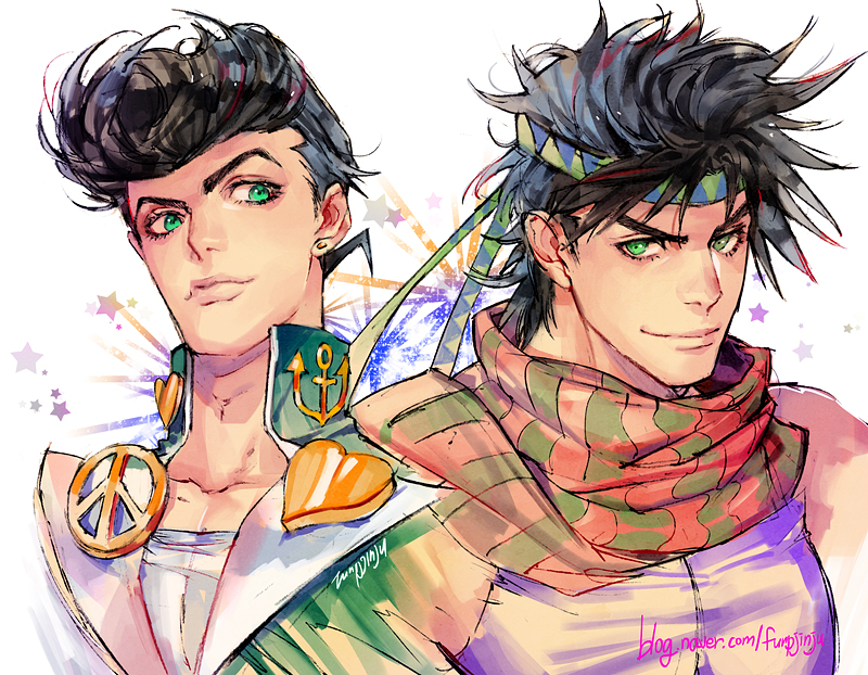 2boys black_hair father_and_son funpjinju gakuran green_eyes headband higashikata_jousuke jojo_no_kimyou_na_bouken joseph_joestar_(young) multiple_boys pompadour school_uniform shueisha time_paradox