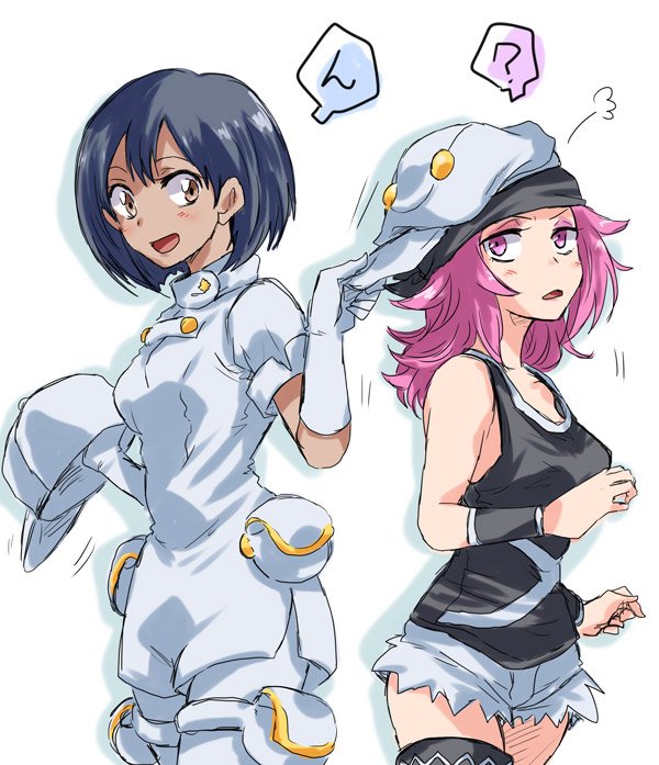 2girls ? aether_foundation_employee bare_shoulders black_hair black_shirt blush brown_eyes commentary_request hat multiple_girls open_mouth pink_eyes pink_hair pokemon pokemon_(game) pokemon_sm punk_girl_(pokemon) red_eyes shirt short_hair spoken_question_mark tank_top team_skull_grunt unya white_shirt wristband