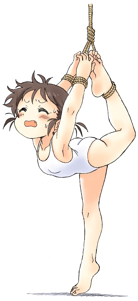 1girl armpits ballet barefoot bdsm blush bondage bound brown_hair closed_eyes fang feet leotard open_mouth oyatsu_(mk2) rope simple_background soles solo suspension sweatdrop toes torture white_background