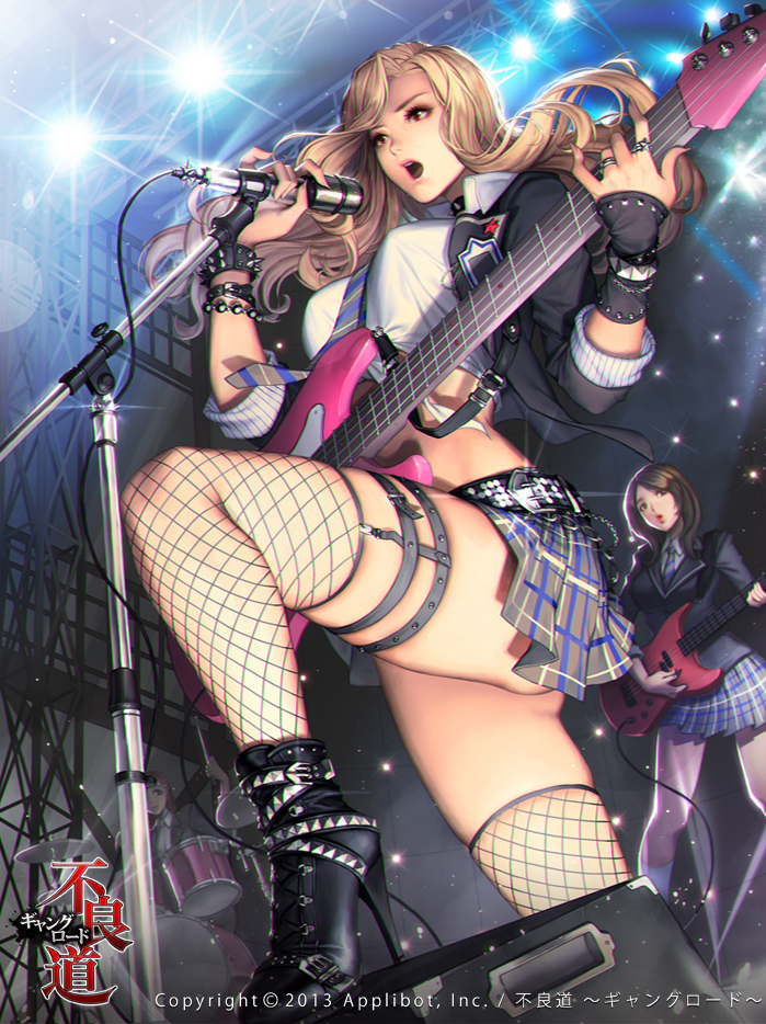 3girls amplifier band bass_guitar belt boots bracelet breasts brown_hair electric_guitar fishnets furyou_michi_~gang_road~ guitar high_heel_boots high_heels instrument jacket jewelry lots_of_jewelry love_cacao microphone midriff multiple_girls music nail_polish necktie punk red_eyes ring school_uniform singing solo_focus spiked_bracelet spikes thigh-highs tsukagoshi_misora
