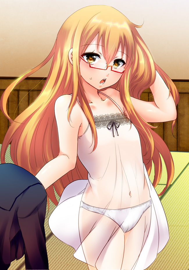 1girl babydoll brown_eyes brown_hair collarbone dress flat_chest glasses kantai_collection lace long_hair looking_at_viewer mochizuki_(kantai_collection) navel open_mouth panties see-through semi-rimless_glasses solo sweat tennen_buri underwear white_panties