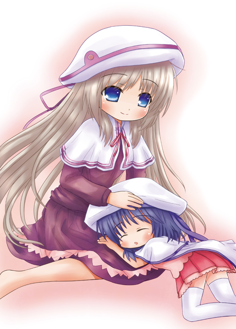 2girls blonde_hair blue_eyes brown_hair cape hand_on_another's_head hat kotonoha_(pixiv) kud_wafter little_busters!! long_hair mother_and_daughter multiple_girls naoe_kaya noumi_kudryavka sleeping sleeping_on_person