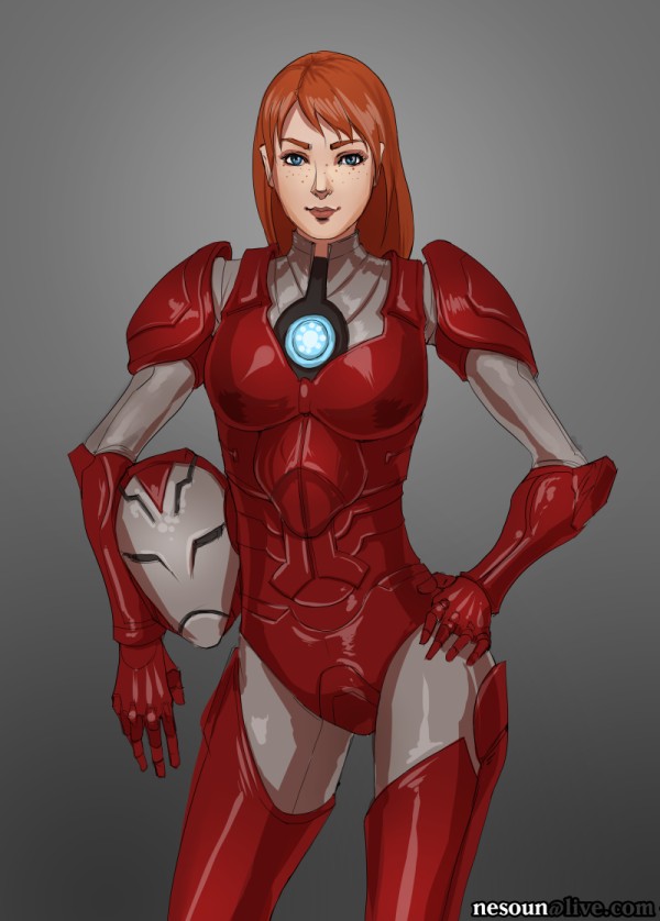 1girl armor blue_eyes breasts female freckles gradient gradient_background hand_on_hip headwear_removed helmet helmet_removed iron_man_(comics) lips long_hair nesoun pepper_potts redhead rescue_(iron_man) smile solo