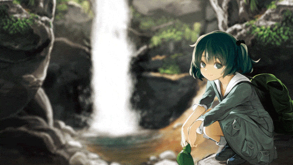 1girl animated animated_gif backpack bag blue_eyes blue_hair boots grass hair_bobbles hair_ornament hat hat_removed headwear_removed kawashiro_nitori kitsune_(kazenouta) kneeling looking_at_viewer md5_mismatch rock short_hair smile solo touhou twintails ugoira water waterfall