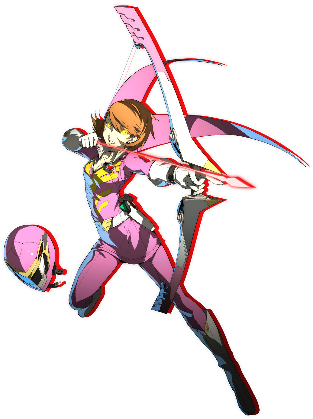 1girl artist_request boots bow_(weapon) brown_eyes brown_hair dark_persona earrings gloves highres jewelry megami_tensei official_art persona persona_3 persona_4:_the_ultimate_in_mayonaka_arena persona_4:_the_ultimax_ultra_suplex_hold sentai shadow_(persona) shin_megami_tensei short_hair simple_background soejima_shigenori takeba_yukari transparent_background weapon white_background