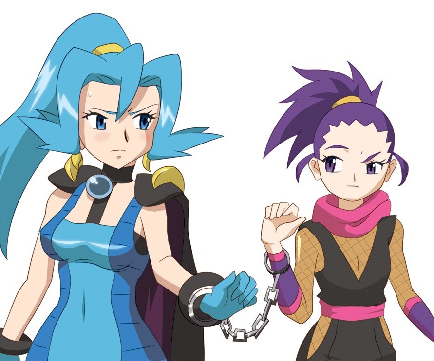 2girls anzu_(pokemon) aqua_hair cape chains clothed_navel cuffs gym_leader handcuffs ibuki_(pokemon) multiple_girls navel pokemon skin_tight two_side_up