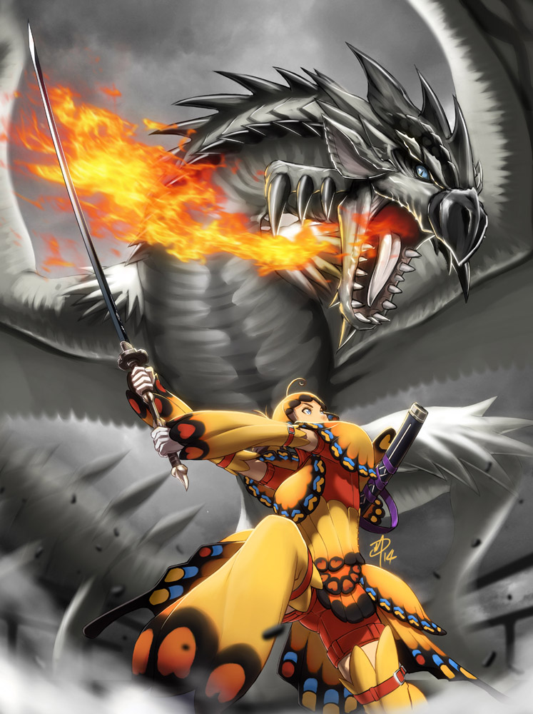 1girl ahoge armor battle blonde_hair blue_eyes butterfly_wings capcom daniel_macgregor fire flame katana monster_hunter monster_hunter_portable monster_hunter_portable_2nd monster_hunter_portable_2nd_g pteruges revision rhopessa_(armor) scabbard sheath short_hair shorts silver_rathalos sword weapon wings wyvern