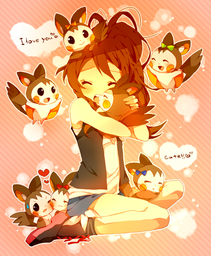 10s 1girl ^_^ bow brown_hair closed_eyes emolga happy hug long_hair no_hat no_headwear open_mouth pokemon pokemon_(creature) pokemon_(game) pokemon_bw shirt shoes shorts smile text touko_(pokemon) vest white_shirt you_chi27