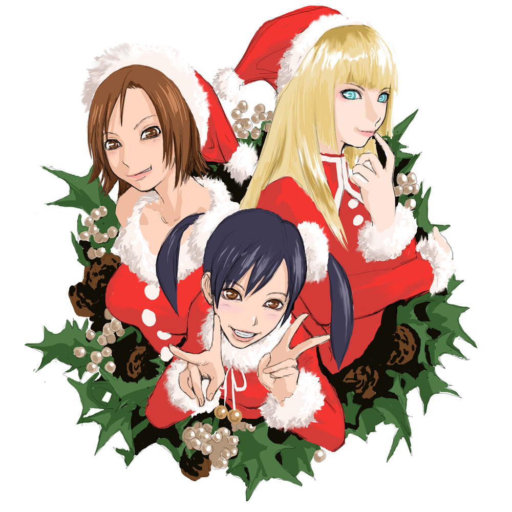 3girls black_hair blonde_hair blue_hair brown_eyes brown_hair christmas double_v emilie_de_rochefort grin hat hawk_(cwmg) kazama_asuka ling_xiaoyu long_hair multiple_girls namco santa_costume santa_hat scrunchie short_hair smile tekken twintails v