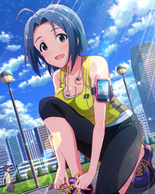 1girl :d ahoge blue_hair breast_press breasts brown_eyes cellphone character_name city cleavage headphones idolmaster idolmaster_million_live! kawakami_tetsuya lens_flare looking_at_viewer miura_azusa musical_note official_art open_mouth outdoors phone shoelaces shoes short_hair signature sky smartphone smile sneakers solo tennis_shoes tying_shoes violet_eyes