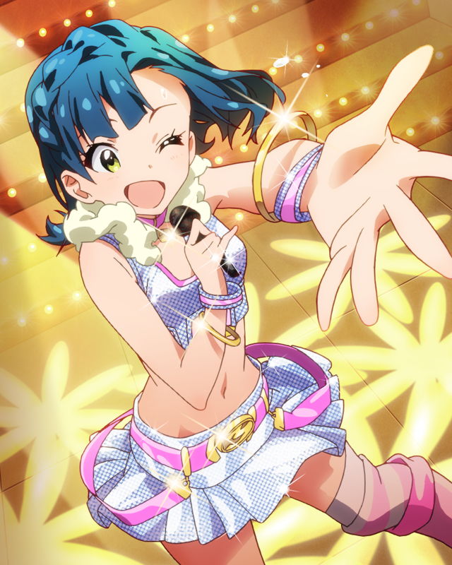 1girl ;d blue_hair bracelet breasts crop_top fur_trim idolmaster idolmaster_million_live! jewelry lots_of_jewelry microphone midriff music nanao_yuriko navel official_art one_eye_closed open_mouth singing skirt small_breasts smile solo sparkle wink yellow_eyes