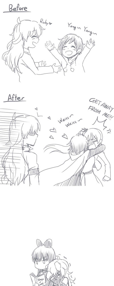 4girls before_and_after blake_belladonna bloodycolor book comforting comic female heart kuma_(bloodycolor) long_hair monochrome multiple_girls rooster_teeth ruby_rose rwby short_hair upper_body weiss_schnee white_background yang_xiao_long younger yuri
