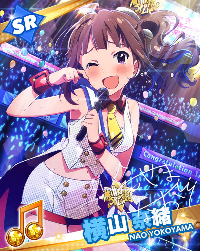 1girl brown_hair character_name idolmaster idolmaster_million_live! microphone musical_note official_art one_eye_closed signature tailcoat tears violet_eyes wink yokoyama_nao