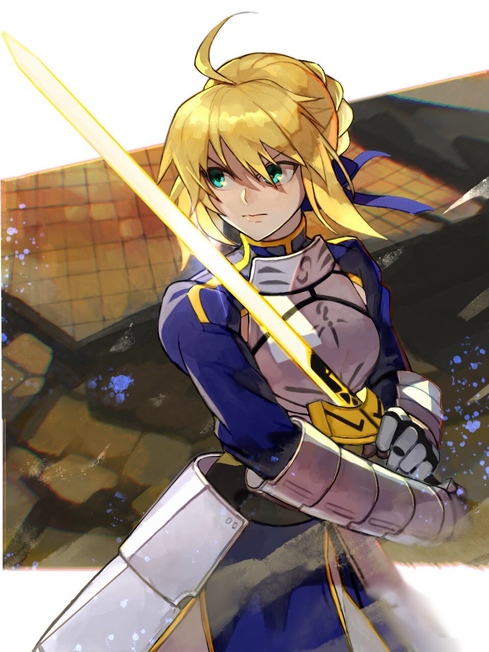 1girl ahoge armor armored_dress artoria_pendragon_(fate) bangs blonde_hair blue_dress blue_ribbon braid dress excalibur_(fate/stay_night) fate/stay_night fate_(series) fighting_stance french_braid gauntlets glowing glowing_weapon green_eyes hair_between_eyes highres holding holding_weapon huge_ahoge long_sleeves melty_blood oni_gini ribbon saber serious shaded_face short_hair solo sword tsukihime weapon white_background wind wind_lift