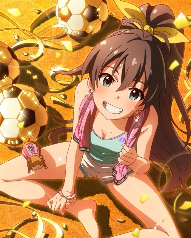 1girl :d aqua_eyes ball barefoot black_hair breasts character_name cleavage confetti earrings feet ganaha_hibiki grin hamuzou idolmaster idolmaster_million_live! jewelry lens_flare long_hair looking_at_viewer musical_note official_art open_mouth ponytail shorts smile soccer_ball sweat telstar towel