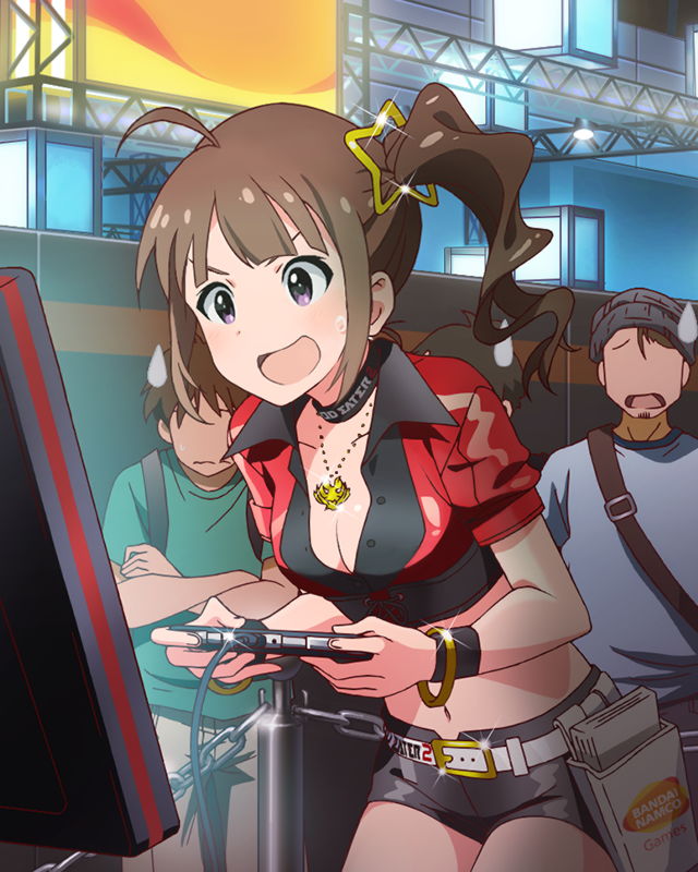 1girl 3boys :d ahoge bandai_namco bracelet breasts brown_hair character_name choker cleavage crop_top d: idolmaster idolmaster_million_live! jewelry midriff multiple_boys navel necklace official_art open_mouth pendant playing_games shorts side_ponytail smile sweatdrop video_game violet_eyes wristband yokoyama_nao