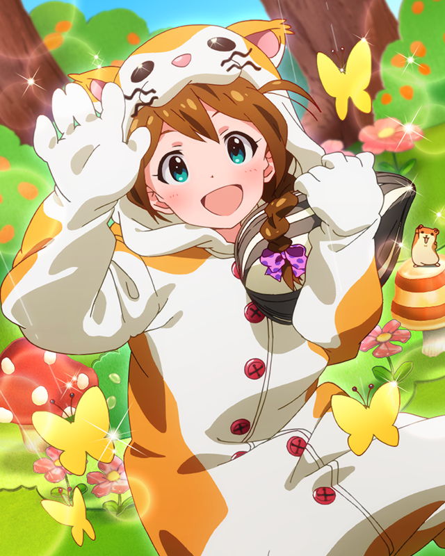 1girl :d aqua_eyes artist_request baba_konomi braid brown_hair butterfly hair_over_shoulder hamster hamster_costume idolmaster idolmaster_million_live! official_art open_mouth single_braid smile