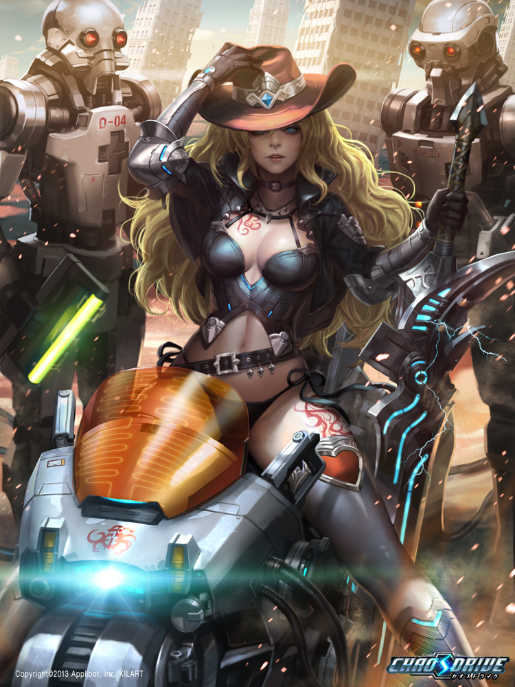1girl armor belt blonde_hair blue_eyes breasts building bustier chaos_drive city cleavage cowboy_hat cropped_jacket electricity ground_vehicle hat kilart lips long_hair motor_vehicle motorcycle robot ruins sandqueen_arne science_fiction skyscraper solo sword tattoo thigh-highs vehicle weapon