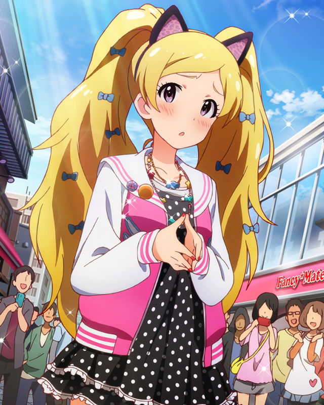 1girl animal_ears artist_request badge blonde_hair blush bow button_badge cat_ears d: dress emily_stewart emily_stuart fake_animal_ears hair_bow idolmaster idolmaster_million_live! jewelry long_hair nail_polish necklace official_art open_mouth polka_dot polka_dot_dress red_nails sky solo twintails violet_eyes