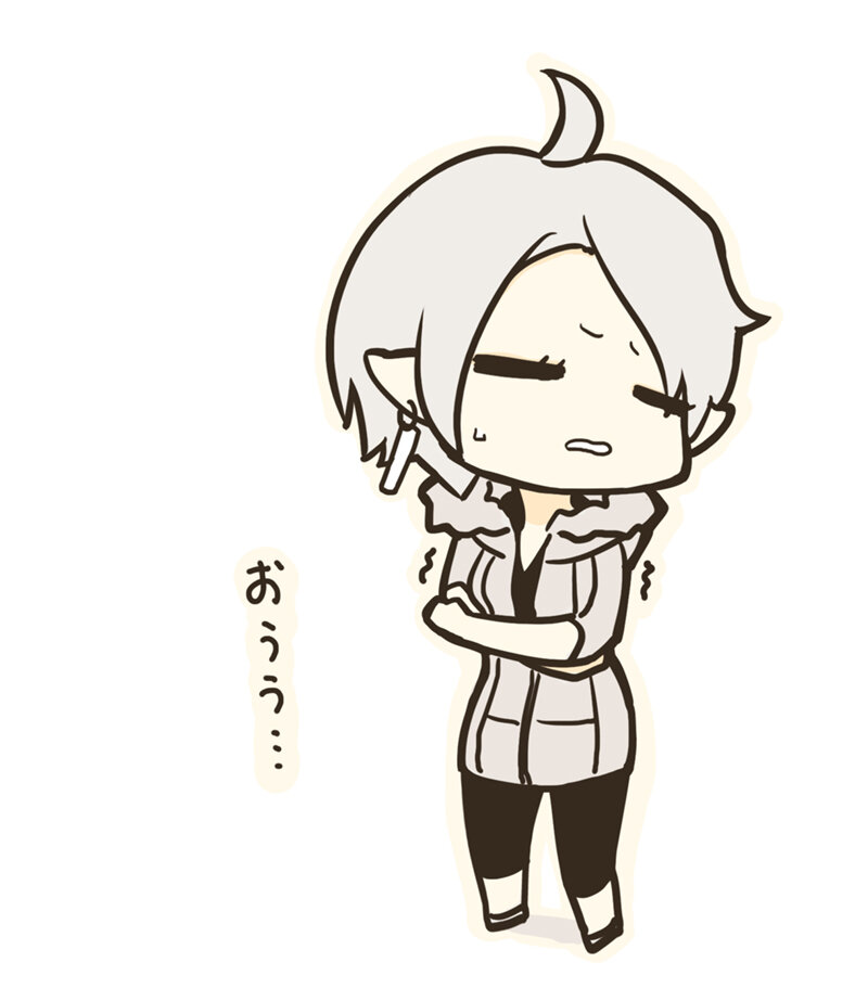 1girl ahoge capri_pants chibi closed_eyes commentary_request earrings fur_trim grey_hair holding_elbow jacket jewelry original pants poaro pointy_ears simple_background solo trembling turning_head white_background