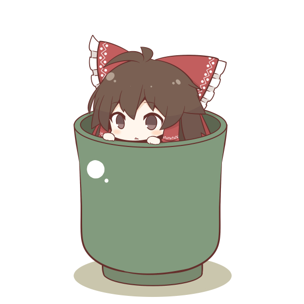 1girl :&lt; beni_shake bow brown_eyes brown_hair cup hair_bow hair_tubes hakurei_reimu in_container in_cup simple_background solo touhou white_background