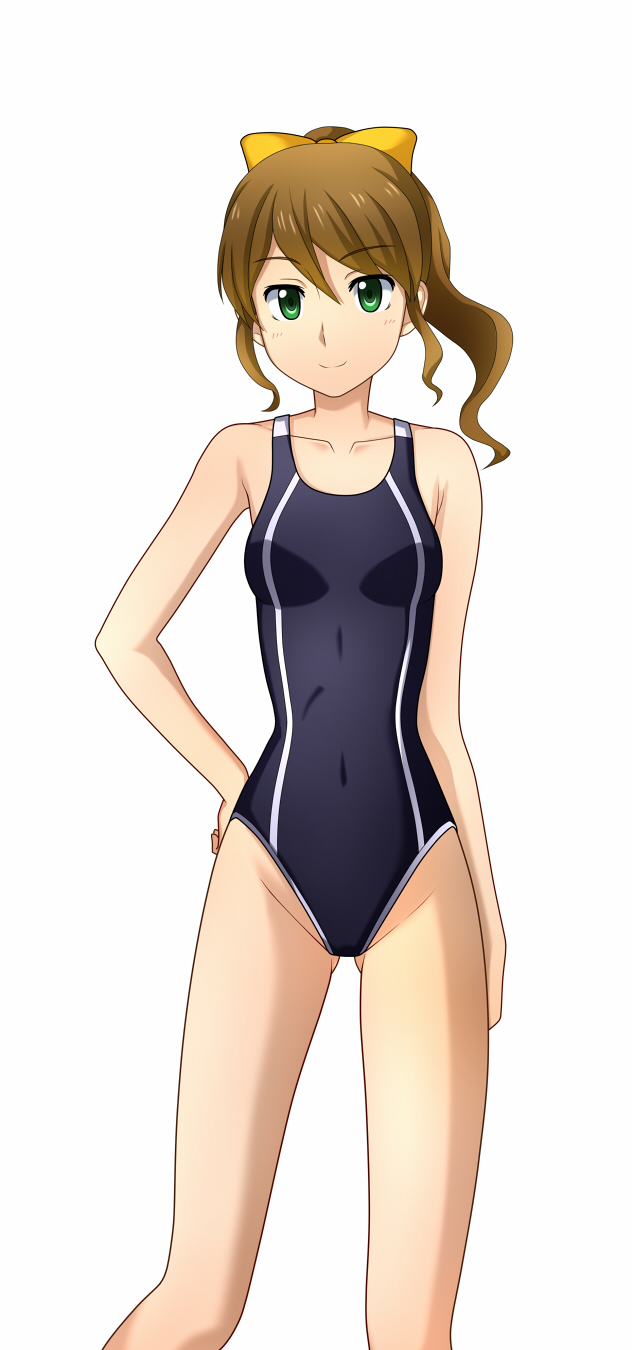 1girl blush bow brown_hair clothed_navel competition_swimsuit covered_navel green_eyes gundam gundam_build_fighters hair_bow hand_on_hip highres kenken one-piece_swimsuit ootake_akemi ponytail simple_background smile solo swimsuit white_background