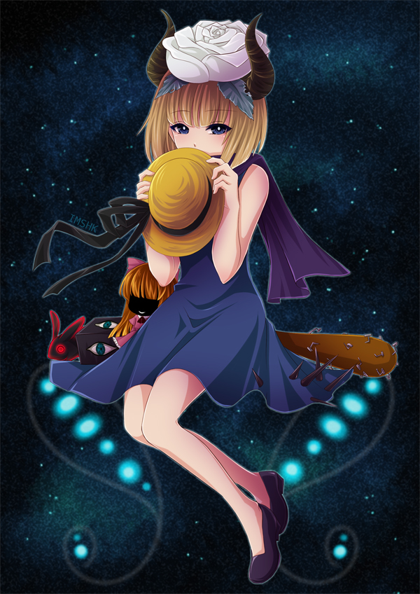 1girl baseball_bat blonde_hair blue_eyes covering_mouth doll dress flower full_body hat holding holding_hat horns looking_at_viewer object_on_head scarf short_hair solo usotsuki yume_nisshi