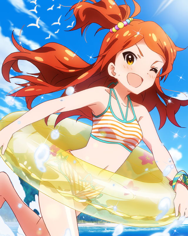 &gt;;d 1girl ;d artist_request bikini brown_eyes brown_hair hair_ornament idolmaster idolmaster_million_live! long_hair looking_at_viewer ocean official_art one_eye_closed one_side_up oogami_tamaki open_mouth ponytail side_ponytail smile solo swimsuit tankini water wink