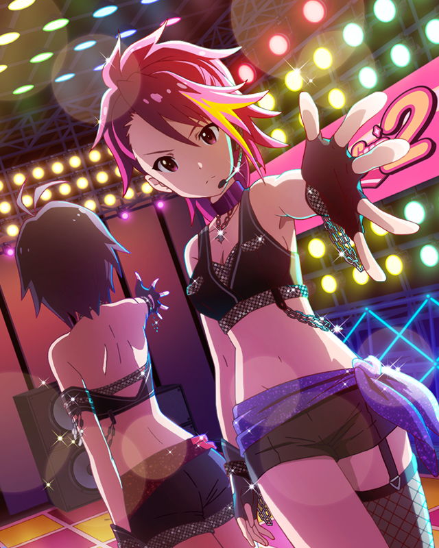 2girls ass asymmetrical_clothes black_hair choker fingerless_gloves gloves headset idolmaster idolmaster_million_live! jewelry kikuchi_makoto lens_flare looking_at_viewer maihama_ayumu midriff multicolored_hair multiple_girls necklace official_art outstretched_hand pink_eyes pink_hair stage stage_lights streaked_hair