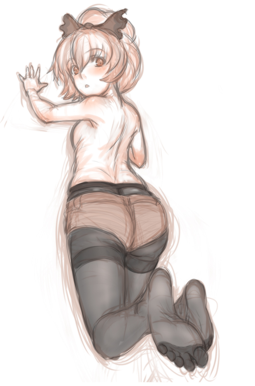 1girl :&lt; ass back black_legwear blush bow breasts crotch_seam feet from_behind hair_bow highres kuro_suto_sukii kurodani_yamame legwear_under_shorts looking_at_viewer looking_back lying on_stomach open_mouth pantyhose ponytail short_shorts shorts sideboob simple_background sketch solo thighband_pantyhose topless touhou white_background