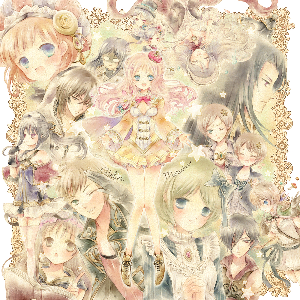 6+boys 6+girls :d :o ankle_boots aoyama_homare astrid_zexis atelier_(series) atelier_meruru black_hair blonde_hair blue_eyes blue_hair blush book boots bow braid breasts brown_eyes brown_hair cape cleavage closed_eyes coat copyright_name crown esty_erhard everyone filly_erhard floral_print flower frills from_behind full_body gino_knab gio_(atelier) glasses gloves green_eyes grin hair_bow hair_bun hair_ornament hairband hairclip hands_clasped hat hom_(atelier) hood index_finger_raised juana_olsys kaena_swaya lias_falken long_hair long_sleeves looking_at_viewer looking_away ludwig_giovanni_arland maid_headdress merurulince_rede_arls mimi_houllier_von_schwarzlang mini_crown multiple_boys multiple_girls mushroom one_eye_closed open_book open_mouth pamela_ibiss pink_eyes pink_hair pointy_ears ponytail portrait profile purple_hair red_bow red_eyes ribbon rimless_glasses rororina_fryxell rufes_falken rufus_falken salute shoes short_hair siblings sisters skirt smile star sterkenburg_cranach thigh-highs tongue tongue_out top_hat totooria_helmold twintails upper_body upside-down very_long_hair wink