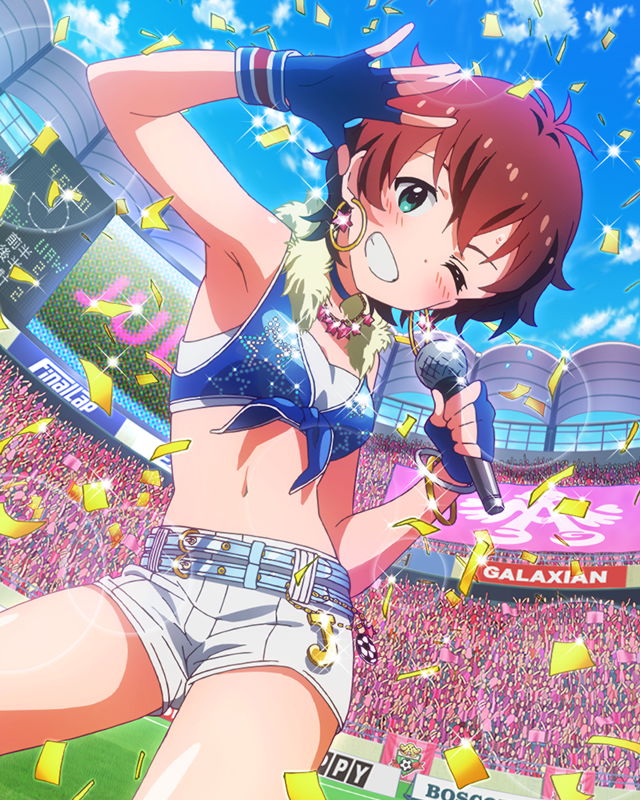 1girl ;d armpits artist_request audience belt blue_eyes blush bracelet brown_hair confetti crop_top earrings fingerless_gloves front-tie_top gloves grin idolmaster idolmaster_million_live! jewelry julia_(idolmaster) looking_at_viewer microphone midriff navel necklace official_art one_eye_closed open_mouth sequins shiny shiny_skin short_hair shorts sky smile solo wink