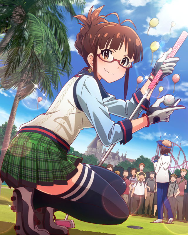 2girls akizuki_ritsuko audience ball balloon brown_eyes brown_hair earrings folded_ponytail glasses gloves golf golf_ball golf_club hagiwara_yukiho idolmaster idolmaster_million_live! jewelry looking_at_viewer multiple_girls musical_note official_art palm_tree skirt smile squatting thigh-highs tree vest visor_cap